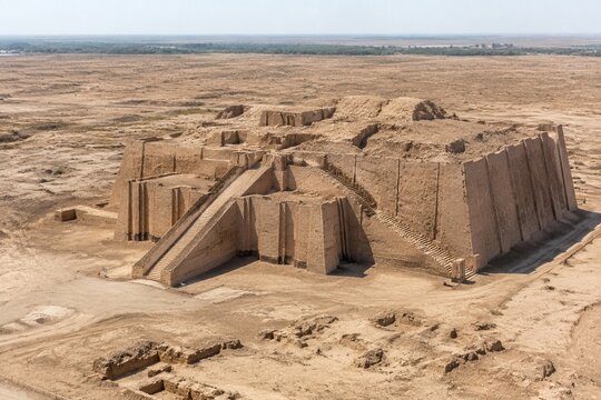 Aerial view of ancient Mesopotamian ziggurat ruins under harsh sunlight.