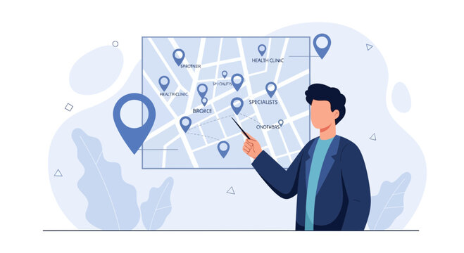 Man presenting healthcare locations on a map, illustrating medical facility planning and research