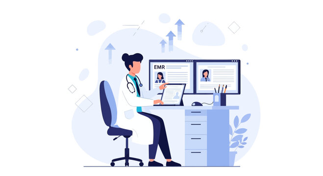 Doctor working on computer with EMR system, medical data, and patient records, modern healthcare technology concept