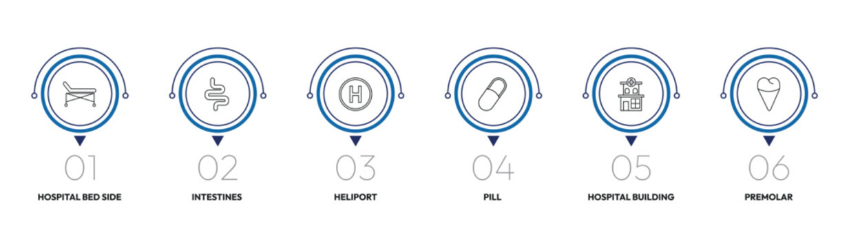 medical outline icon set. hospital bed side view, intestines, pill, premolar and more. linear vector collection. editable stroke