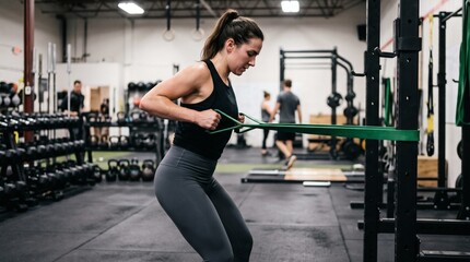 Fototapeta premium Woman performing resistance band row exercise in a gym with weights and equipment in background
