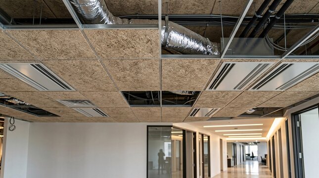 Unfinished commercial building interior focuses on a heavily textured acoustic ceiling of raw wood wool panels and installed cooling vents.
