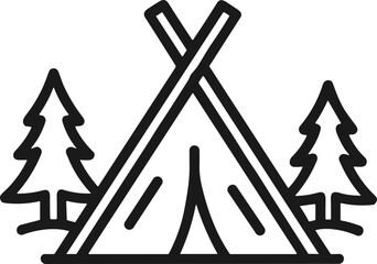 Tipi Tent Icon with Pine Trees, Outline Vector Illustration for Camping and Outdoors © keenan