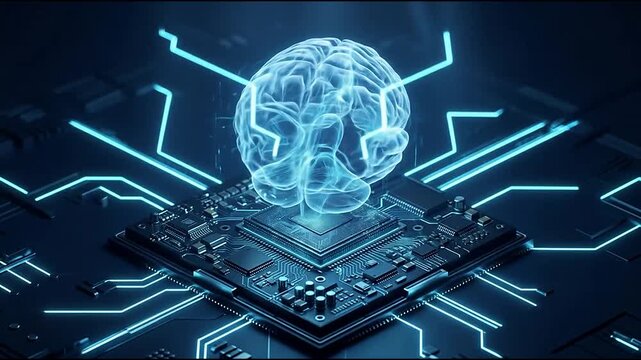 Glowing digital brain hovering over microchip processor on circuit board