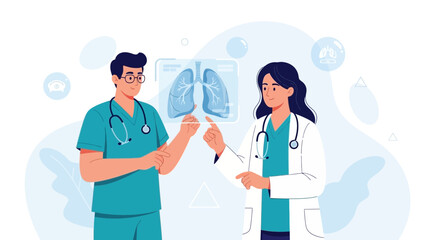 Fototapeta premium Doctors Discussing Lungs X-ray Scan on Digital Screen, Medical Consultation, Healthcare Teamwork