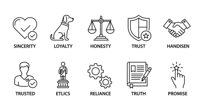 Black Line Integrity Concept Icons Arranged on White Background