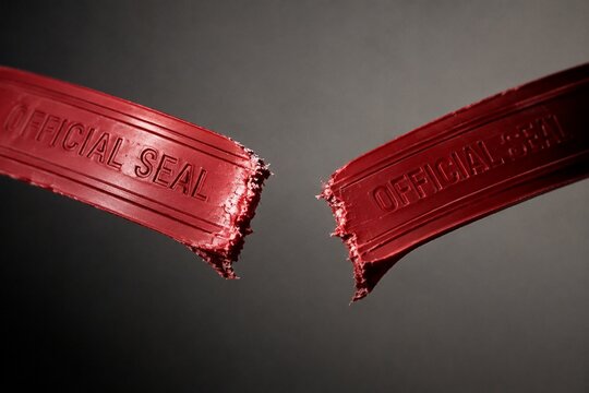 Severed red official seal with cut ends dangling, symbolizing broken rule.