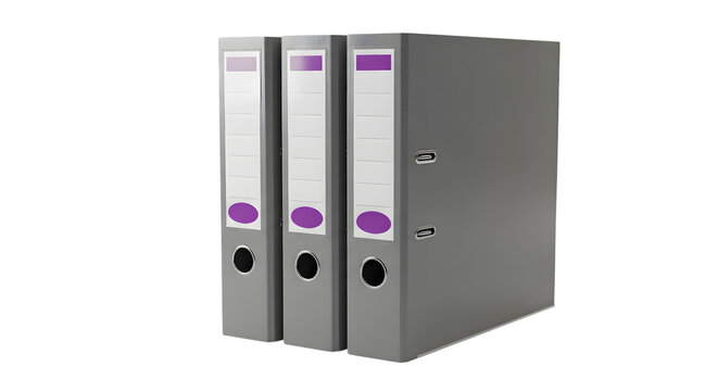 Three gray ring binder file folders with purple inserts isolated on transparent background