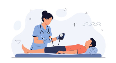 Fototapeta premium Nurse measuring patient's blood pressure with a sphygmomanometer in a modern flat illustration style
