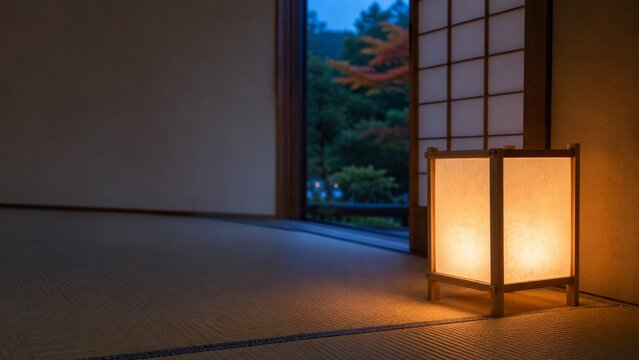 和室の窓辺に置いた行灯 庭の緑と薄暮を背景にした秋の灯り