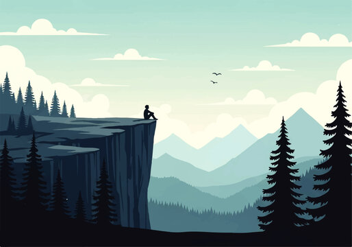 Vector flat design illustration of a lone person sitting on a cliff edge overlooking misty mountains and pine forest