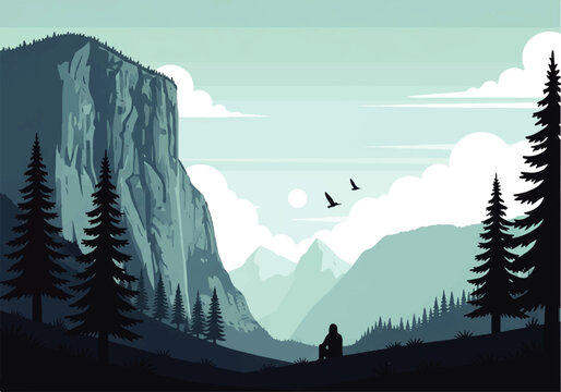 Vector flat design illustration of a lone person contemplating a vast mountain landscape with pine trees and birds