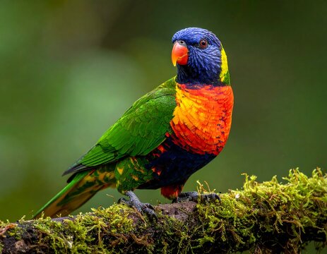 Vibrant lorikeet perched on mossy branch