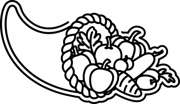 Cornucopia Outline Filled With Harvest Vegetables and Fruits - Thanksgiving Symbol