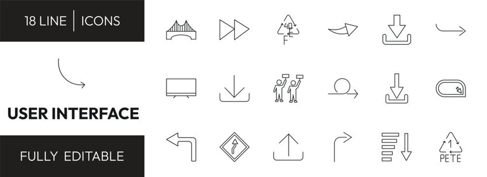 user interface outline icon set. bridge, forward button, big download arrow, curved arrows and more. linear vector collection. editable stroke