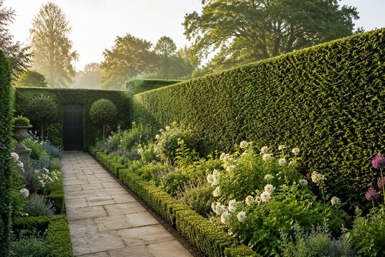 A neatly trimmed green hedge wall surrounding a garden path in soft morning light.
