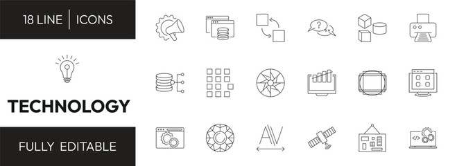 technology outline icon set. marketing automation, caching, elements, light bulb idea and more. linear vector collection. editable stroke © Design_Farm