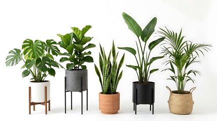 Fototapeta premium Variety of potted houseplants on stands.