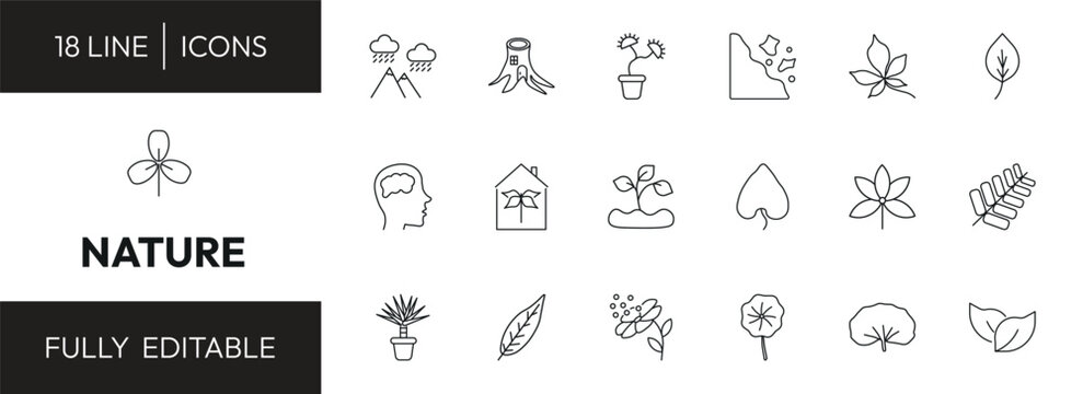 nature outline icon set. rainy landscape, stump house, chestnut leaf, obovate and more. linear vector collection. editable stroke