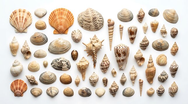 Variety of seashells on display.