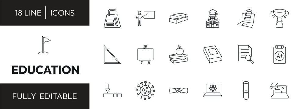 education outline icon set. bag of books, teach, online test, flag point and more. linear vector collection. editable stroke