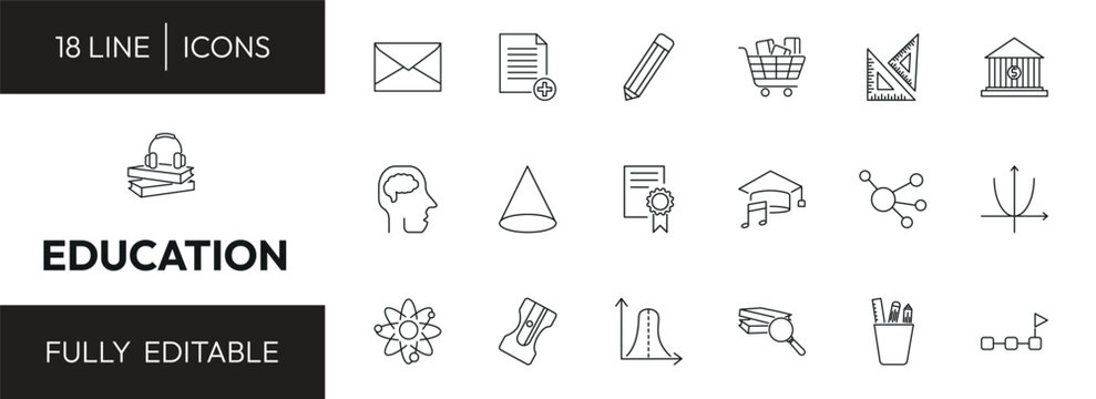 education outline icon set. closed envelope, new document, square school tool, audio book and more. linear vector collection. editable stroke