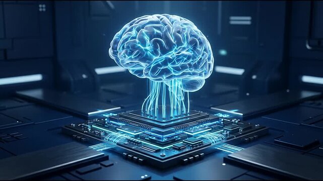 Glowing digital brain hovering over motherboard hardware.