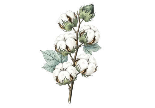 detailed vintage botanical illustration of a cotton branch (gossypium) with fluffy white bolls and pale sage leaves against a stark white background with copy space. concept of scientific elegance