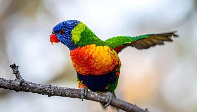 Vivid lorikeet perches on branch, wings outstretched