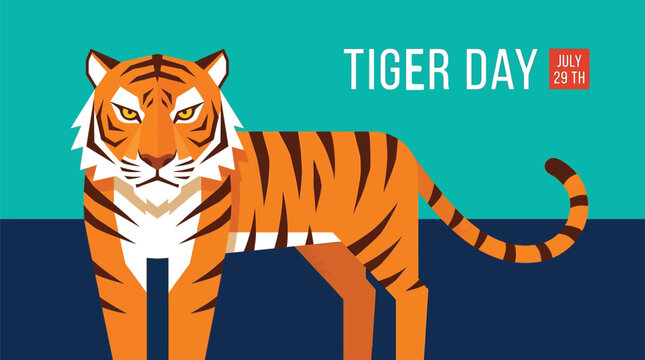 A majestic orange tiger with sharp black stripes and intense yellow eyes stands in a proud profile pose, captured in a clean flat vector illustration style with bold minimal shapes.