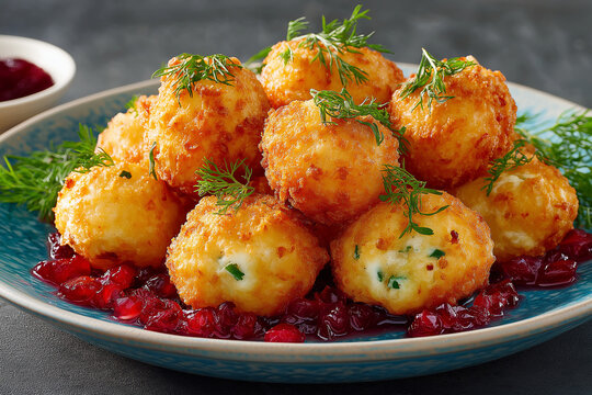 Crispy Barbadian halal cheese balls fried to golden perfection, garnished with fresh dill and served with tangy berry sauce &mdash; a flavorful Caribbean appetizer full of texture and tropical charm
