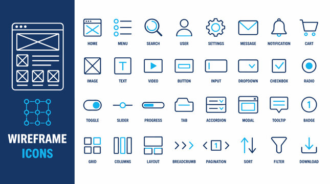 Wireframe Iconset featuring UI elements and vector outlines.