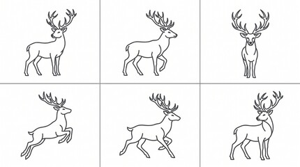 Fototapeta premium Minimalist deer line art set vector illustration, stylized stag in different poses isolated on white background