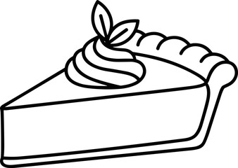 Slice of pie with whipped cream and mint leaf, simple line art illustration © keenan