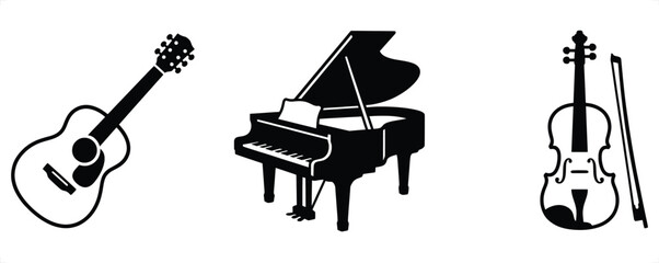 Musical instrument icon set with acoustic guitar, grand piano and violin. Black vector silhouettes of classical music equipment. Minimalist orchestra and jazz band elements. © Graphic Seller