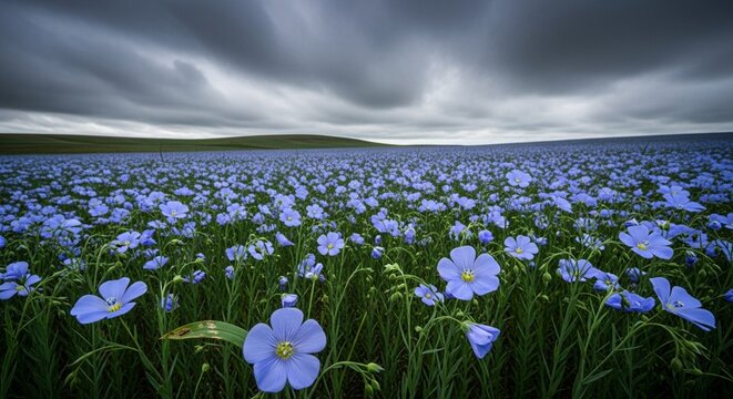 Dramatic storm clouds over a blooming field of blue flax flowers