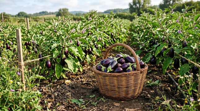 wicker basket full of ripe purple eggplants in a vegetable garden