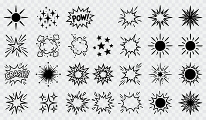 Set of hand-drawn comic book explosion and starburst elements for action effects with explosion starburst illustration collection creative isolated doodling decorative © Gopal_Ray