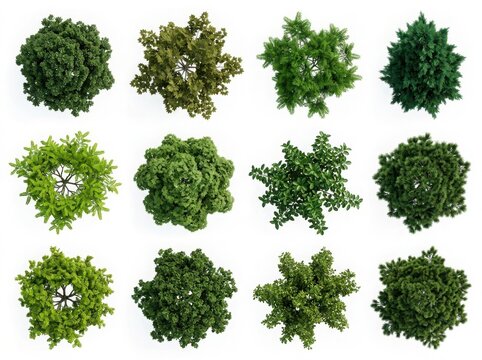 Set of twelve green trees viewed from above for architectural landscape design and garden planning projects with realistic foliage isolated on white background