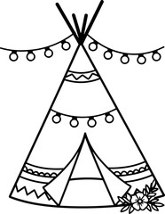 Hand-drawn tribal teepee tent with decorative lights and floral elements, bohemian style illustration © Brian