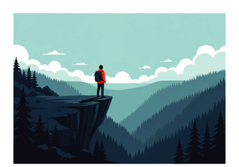 Vector flat design illustration of a lone hiker standing on a cliff edge overlooking a vast mountain valley landscape © denijulianto