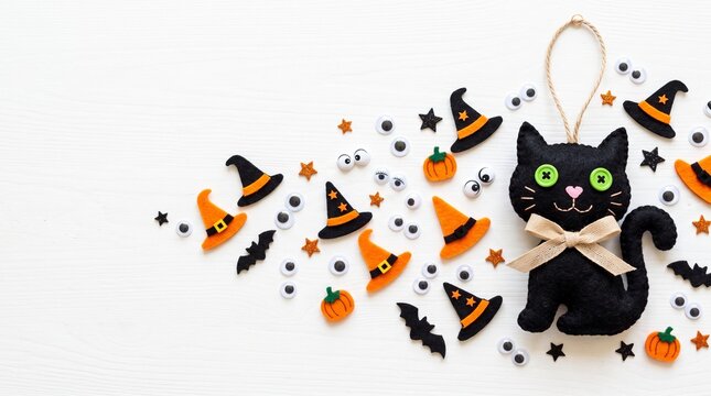 Halloween decorations black cat ornament with witch hats pumpkins and bats