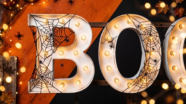 Halloween boo marquee letters with spiderwebs and lights festive autumn decor