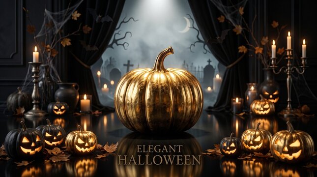 Elegant halloween still life golden pumpkin jack o' lanterns and spooky cemetery backdrop
