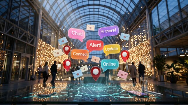 Digital Communication Hub: A modern architectural space illuminated by festive lights, where digital icons for chat, alerts, and online connections float amidst silhouettes of people.