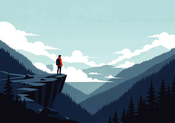 Vector flat design illustration of a lone hiker standing on a cliff edge overlooking a vast mountain valley landscape © denijulianto