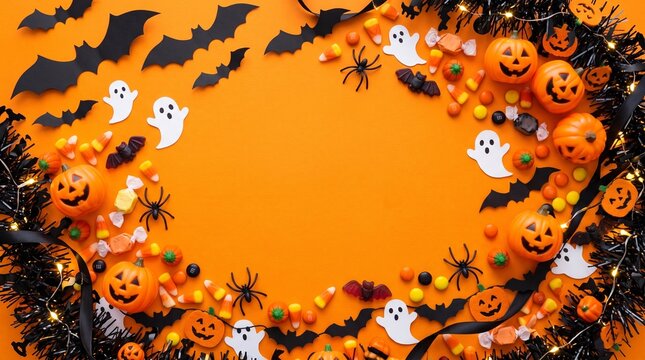 Festive halloween decorations jack o' lanterns ghosts bats and candy flat lay