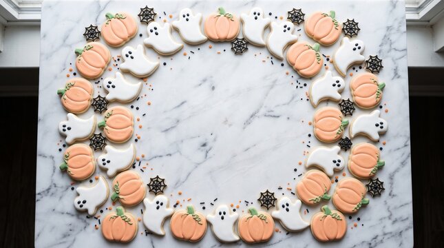Halloween decorated sugar cookies pumpkins ghosts and spiders on marble