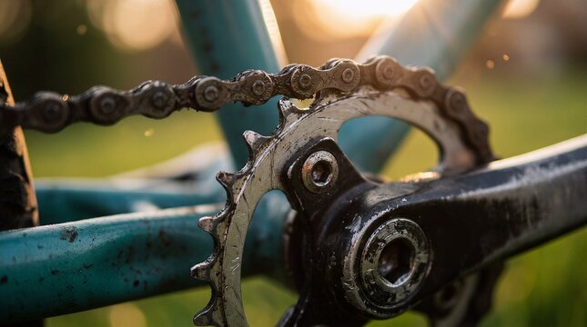 Detail of rusty bicycle chainring and chain in golden hour light with drive train bicycle part chainring mechanism component transport mechanical maintenance