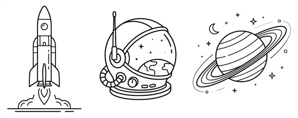 Minimalist space exploration line art icons, rocket launch and astronaut helmet vector set, Saturn planet with rings and stars in EPS format © Graphic Seller